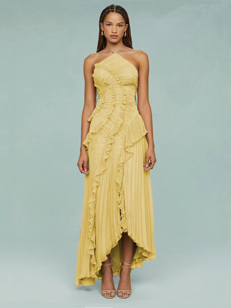 Women's Wedding Guest Maxi Dress | Sleeveless Pleat Asymmetric