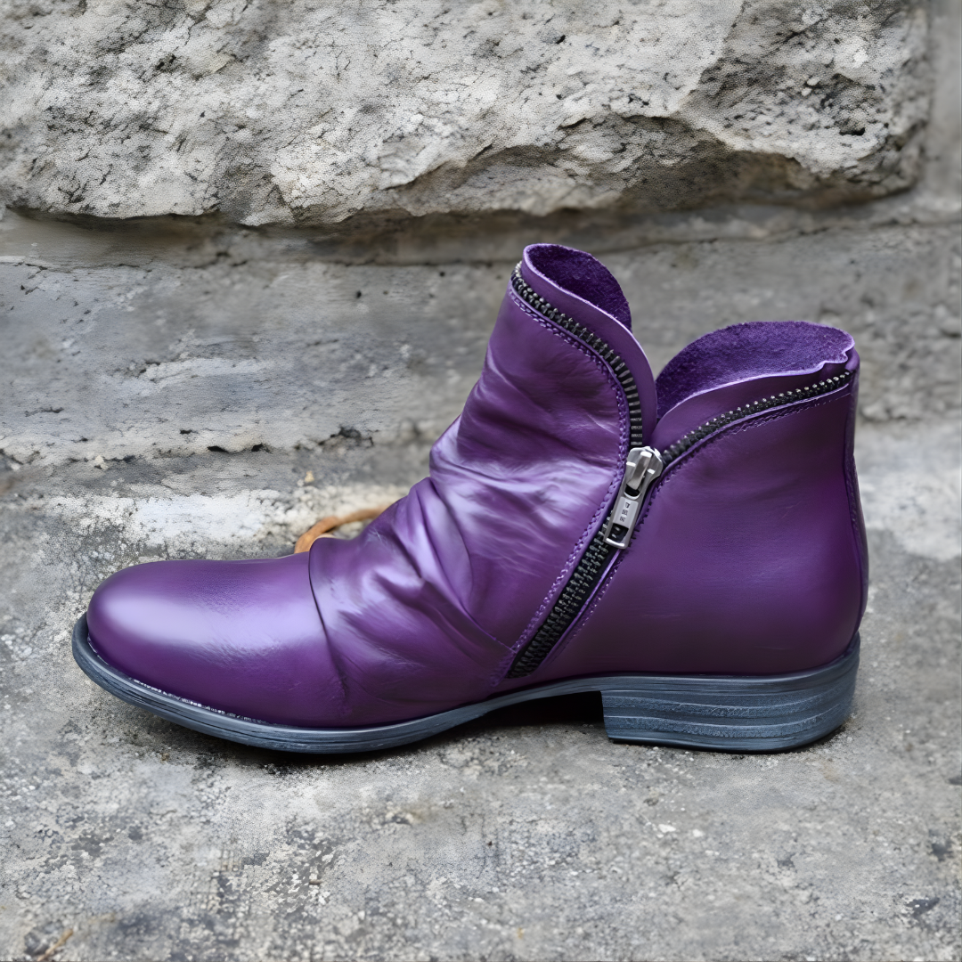 Women's ankle boots with ruched upper, side zipper and low heel