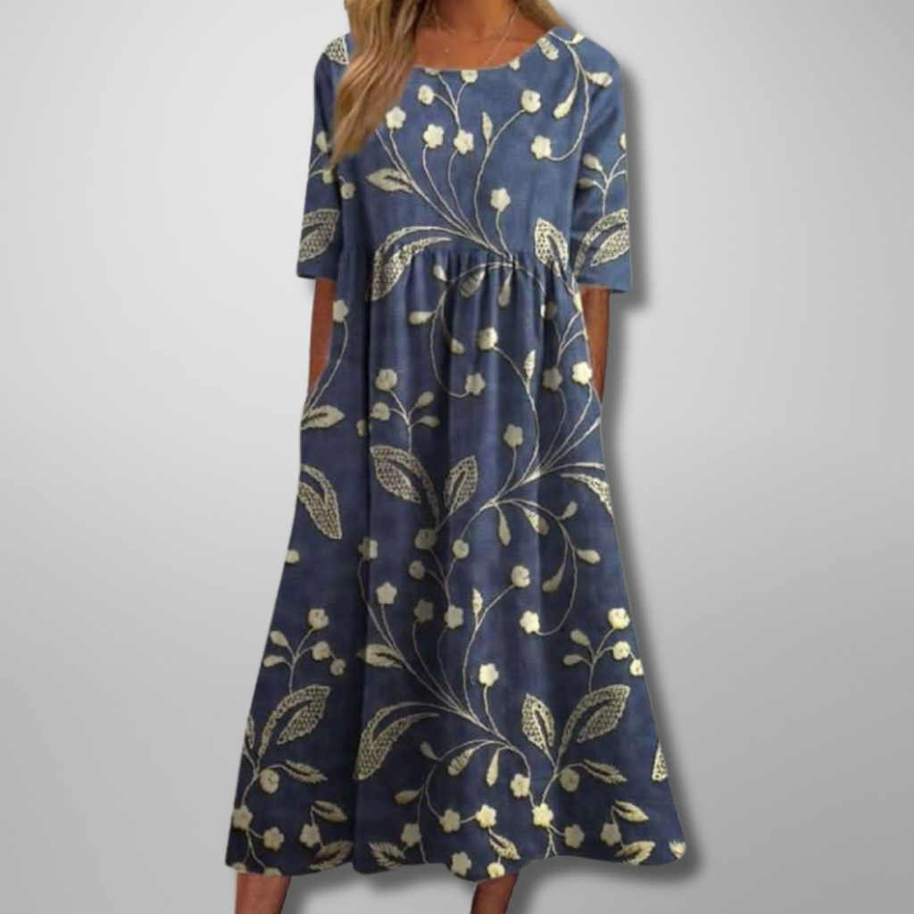 elegant floral round neckline midi x-line dress Dress For Women