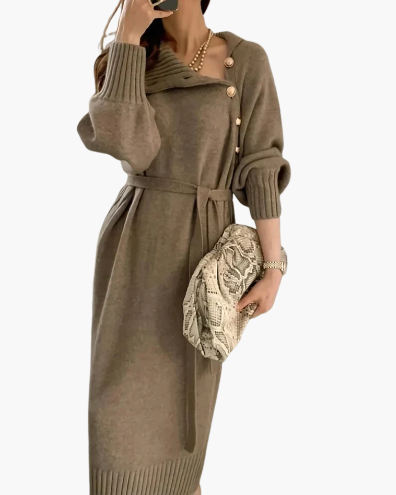 Women's belted turtleneck knit midi dress with long sleeves and button detail