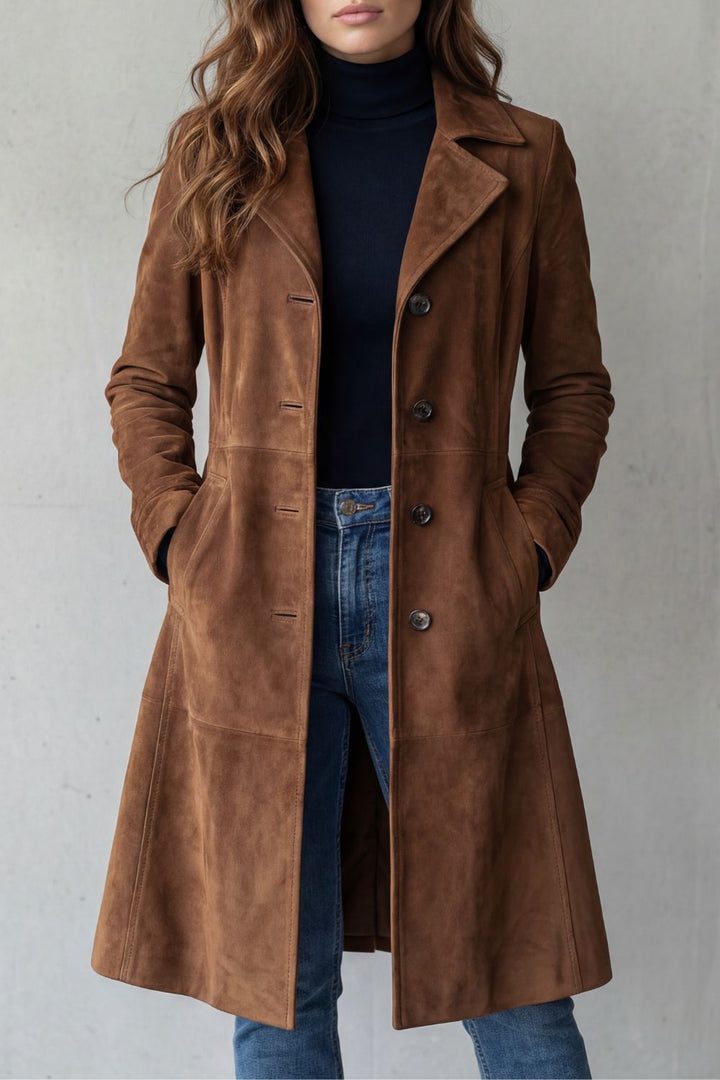 Women's longline coat with suede finish, notched lapels, buttons and front pockets