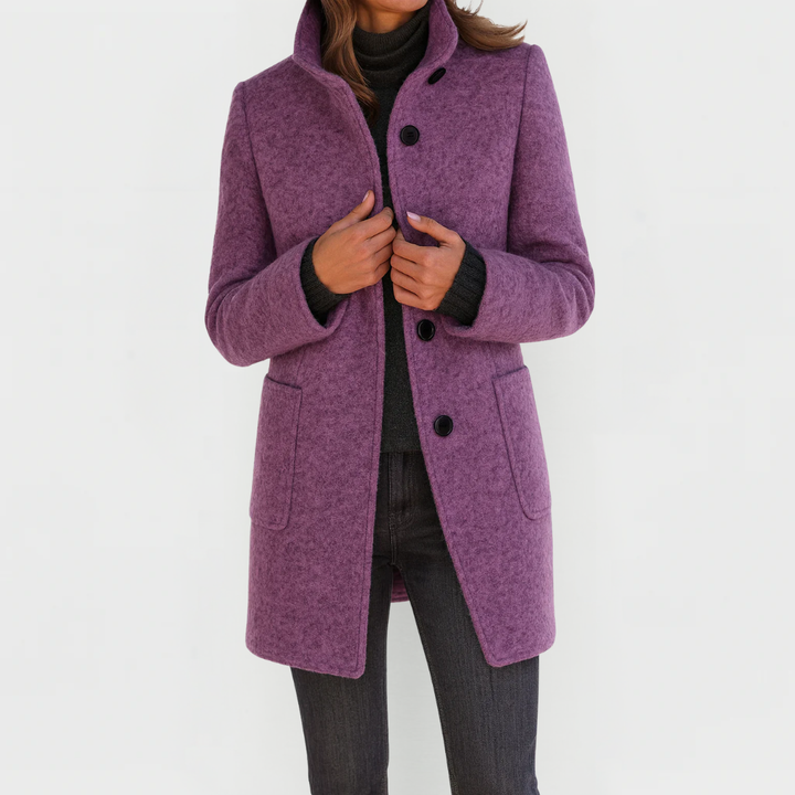 Women's structured longline coat with stand collar, button front and patch pockets