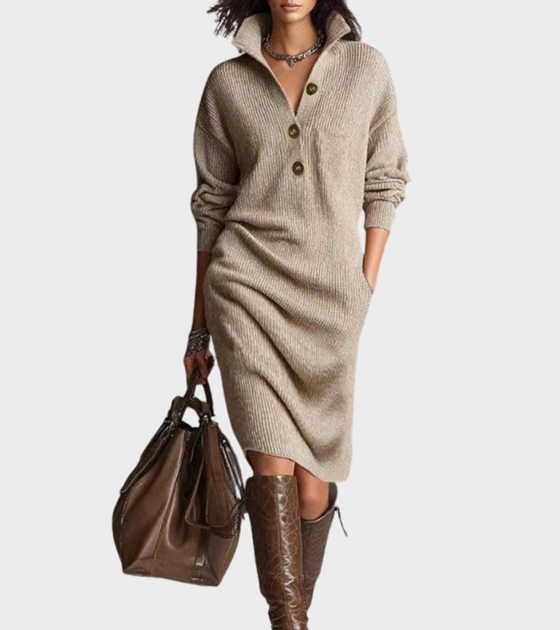 Women's ribbed knit midi dress with raised collar, button front and long sleeves