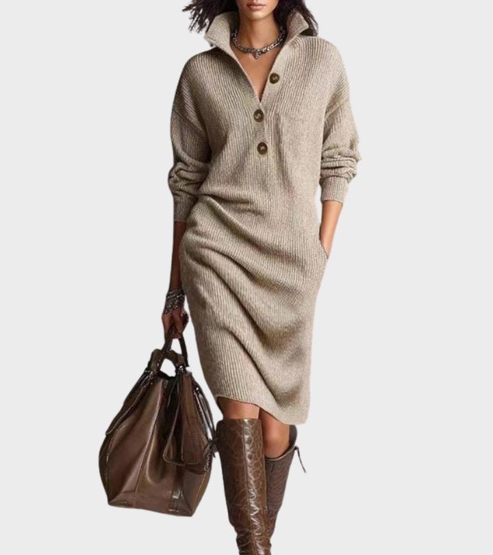 Women's ribbed knit midi dress with raised collar, button front and long sleeves