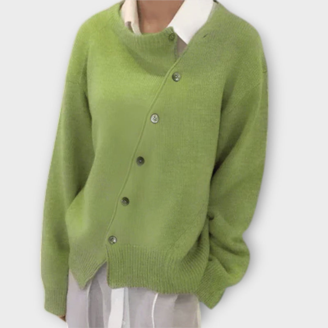 Women's knit cardigan with angled button front, crew neckline and long sleeves