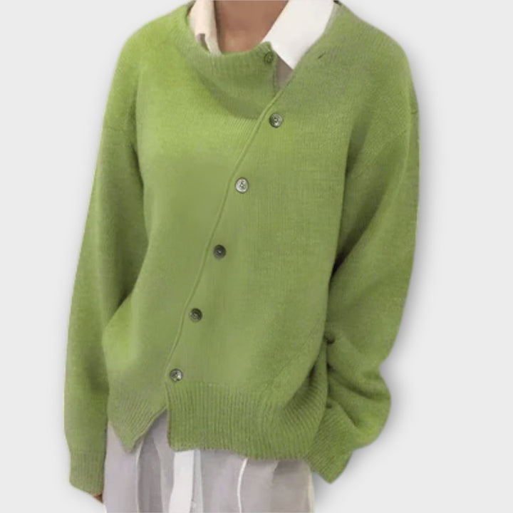 Women's knit cardigan with angled button front, crew neckline and long sleeves