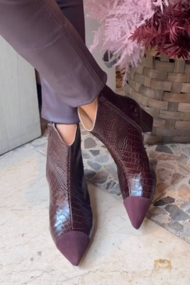 Women's burgundy crocodile print pointed toe ankle boots with low block heels
