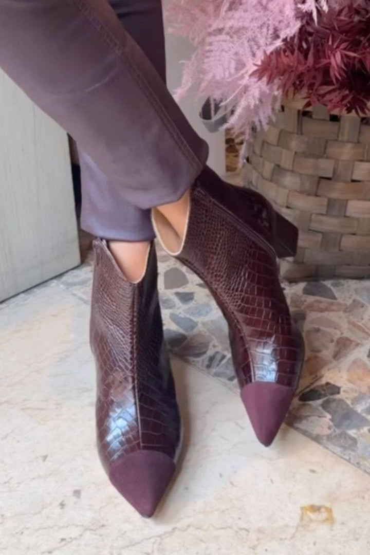 Women's burgundy crocodile print pointed toe ankle boots with low block heels