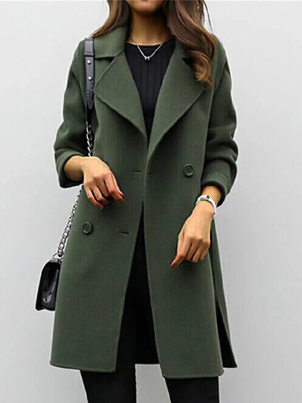 Women's long button front coat with wide lapels and long sleeves