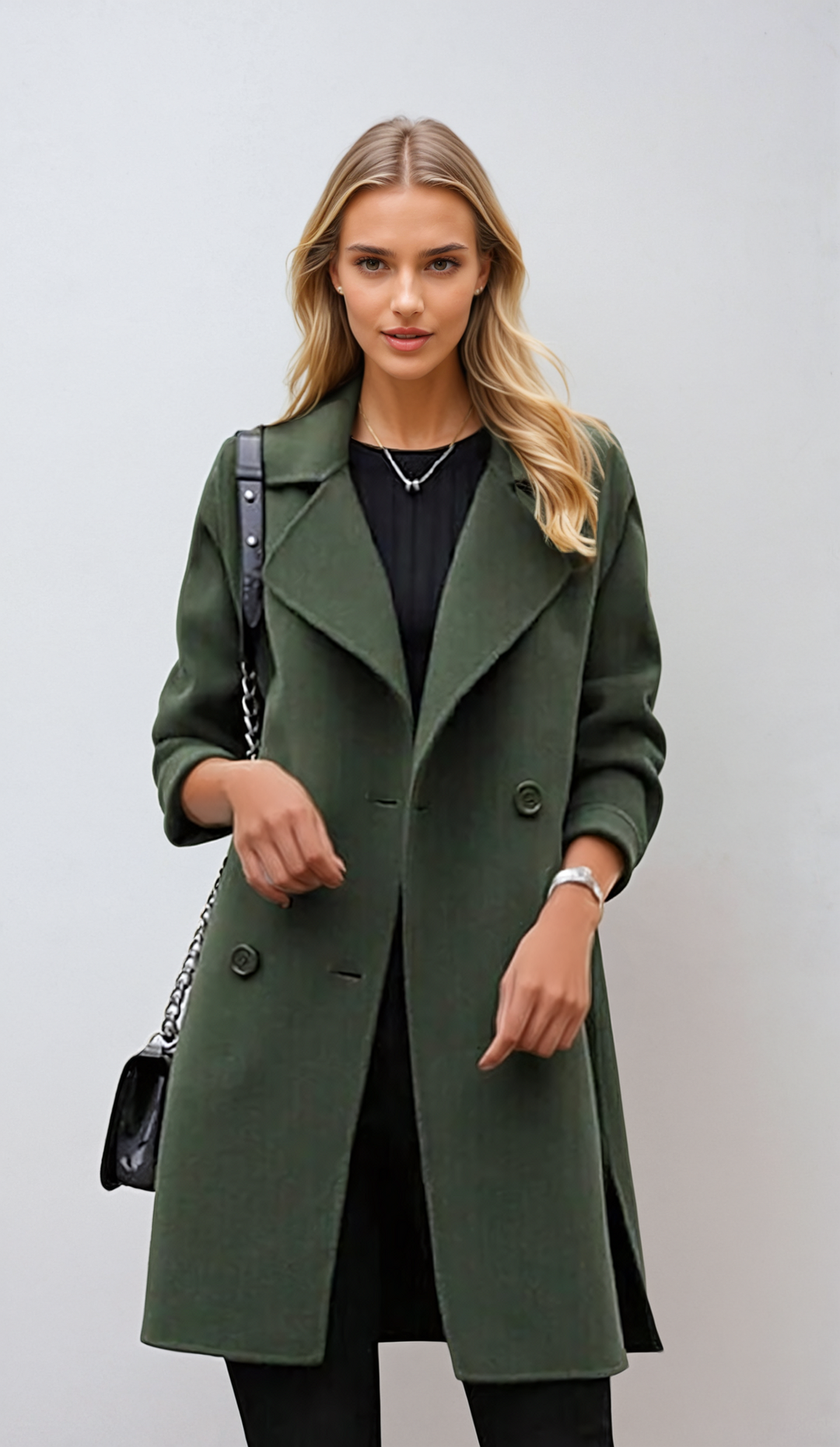 Women's long button front coat with wide lapels and long sleeves