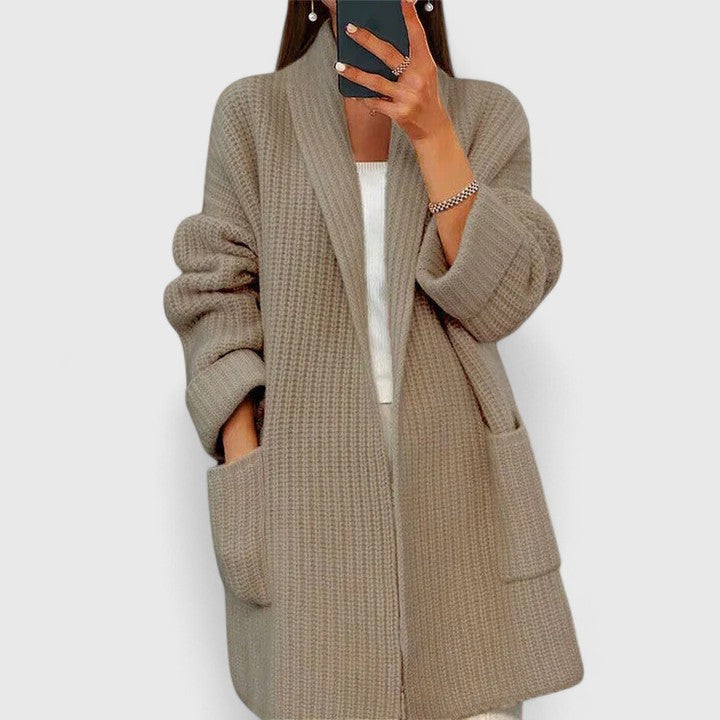 Women's textured longline cardigan with open front, long sleeves and front patch pockets