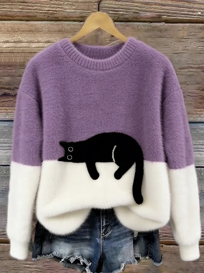 Women's long-sleeve crew neck sweater with a black cat graphic and contrast panels