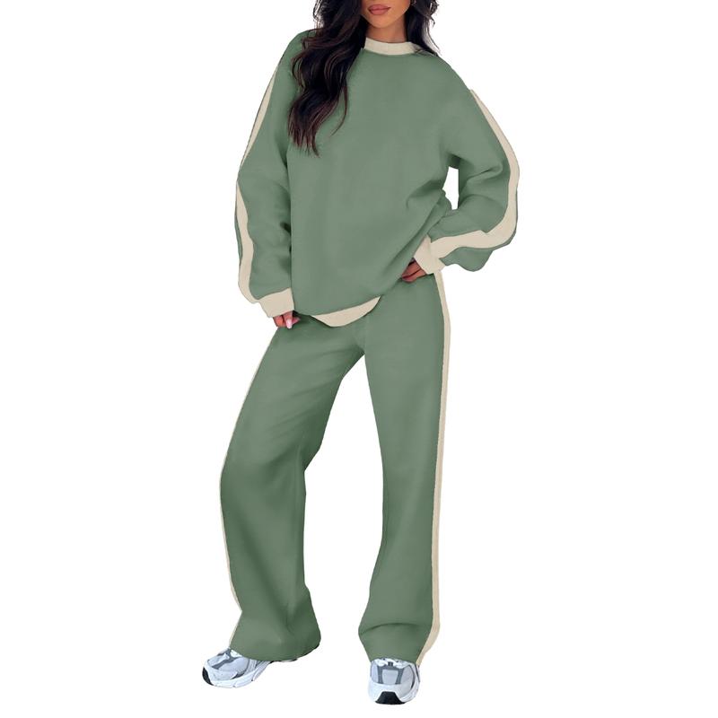 Women's Sweatshirt Set | Crew Neck Top & Wide Leg Pants