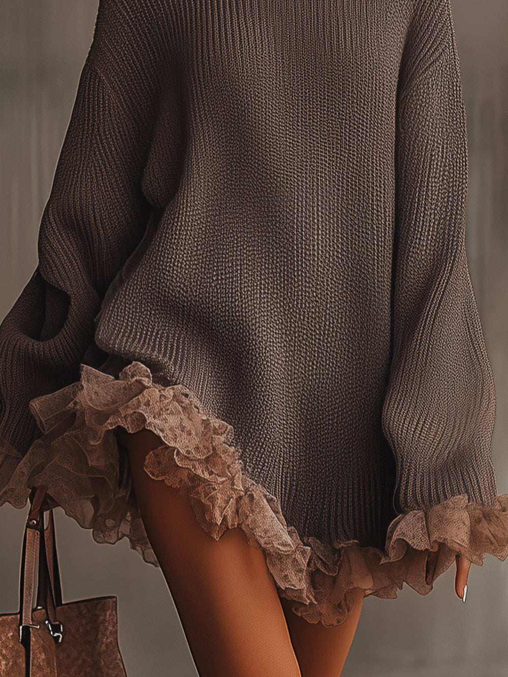 Women's brown knitted mini dress with turtleneck and ruffled lace trim