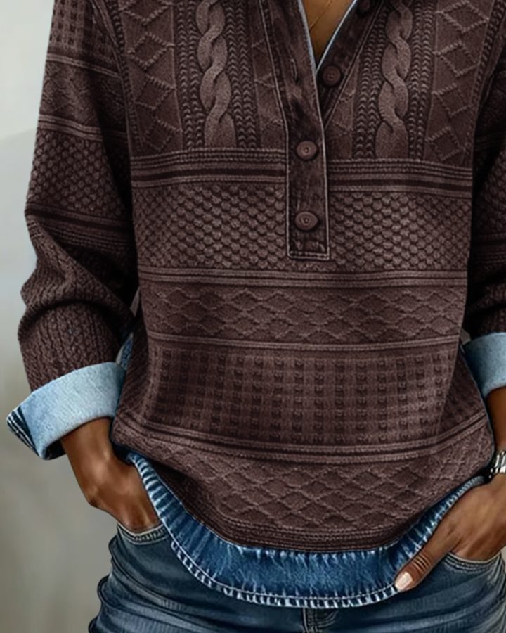 Women's textured collared sweatshirt with button placket and long sleeves