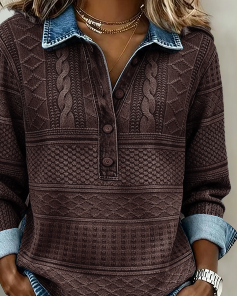 Women's textured collared sweatshirt with button placket and long sleeves