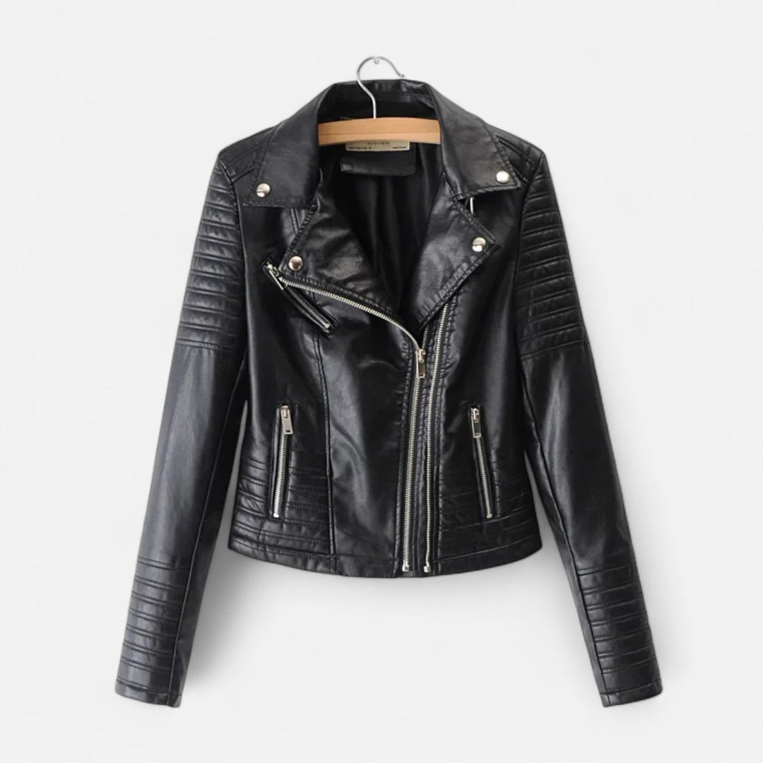 Women's black cropped biker jacket with asymmetric zipper and quilted sleeves