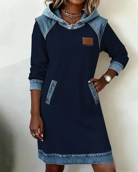 Women's hooded sweatshirt dress with long sleeves and contrast blue trim