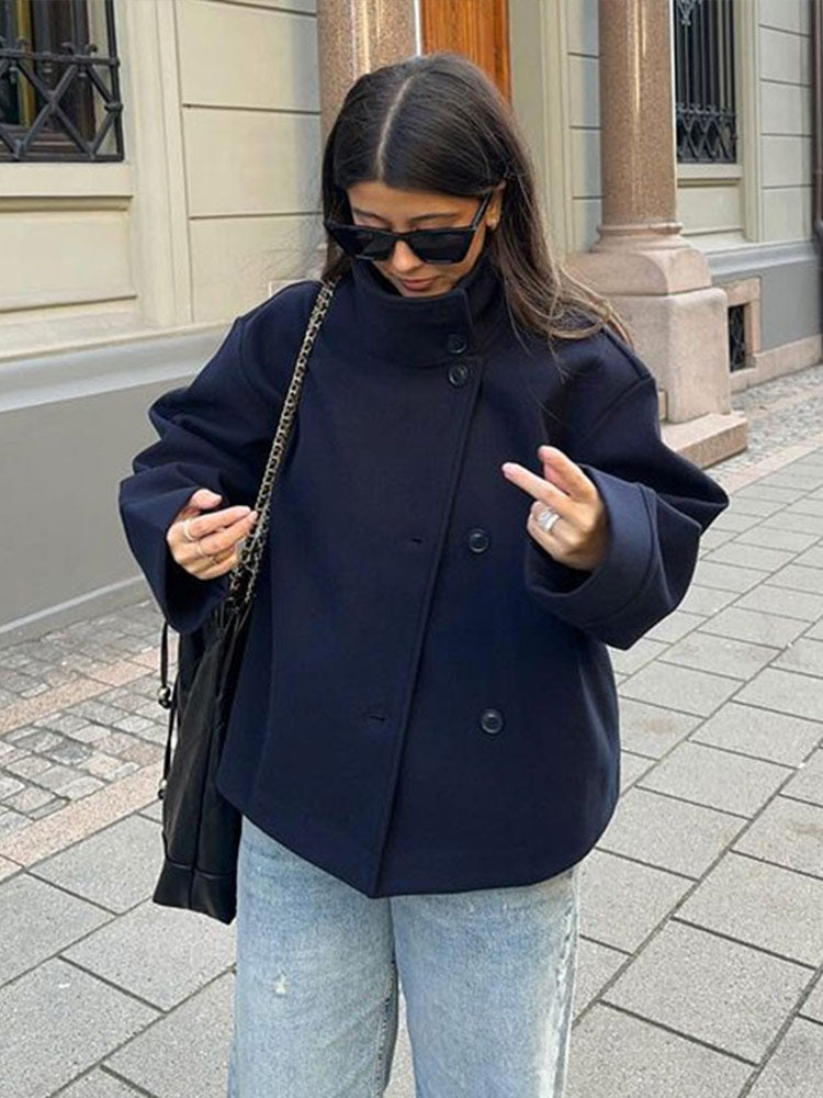 Women's short double-breasted jacket with stand collar and long sleeves