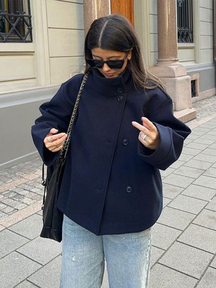 Women's short double-breasted jacket with stand collar and long sleeves