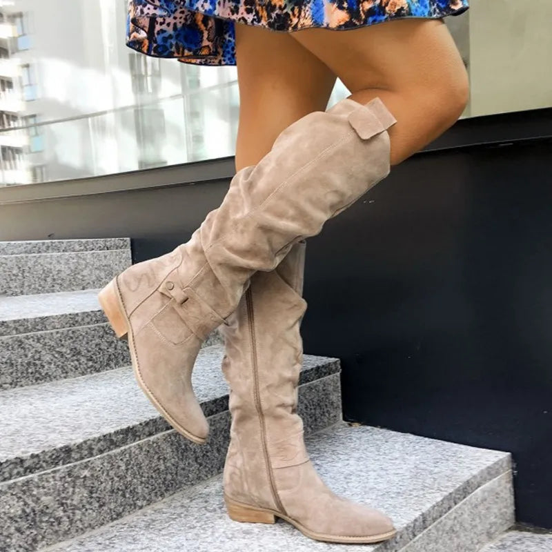 Women's slouch knee-high boots with low heels, side zippers and buckle details