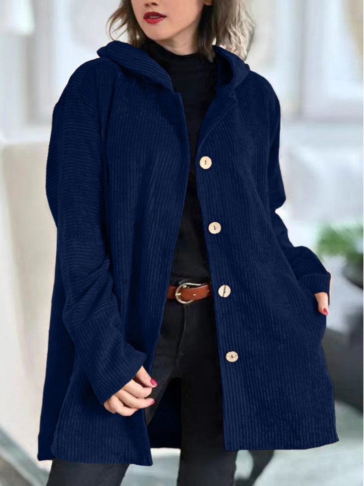 Women's hooded ribbed longline jacket with button front and angled pockets