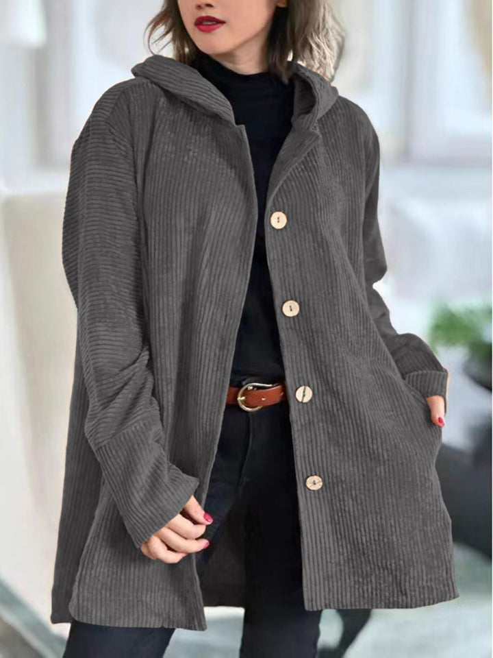 Women's hooded ribbed longline jacket with button front and angled pockets