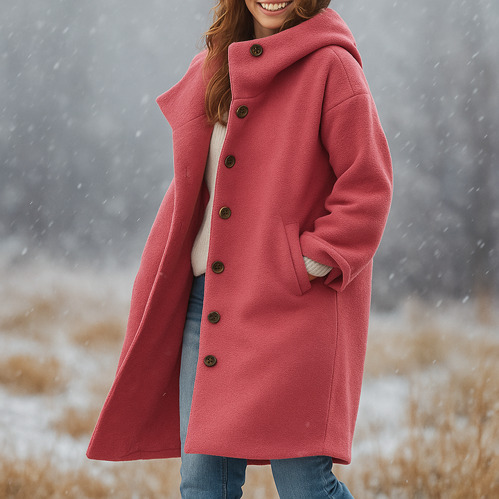 Women's hooded long coat with button front and pockets
