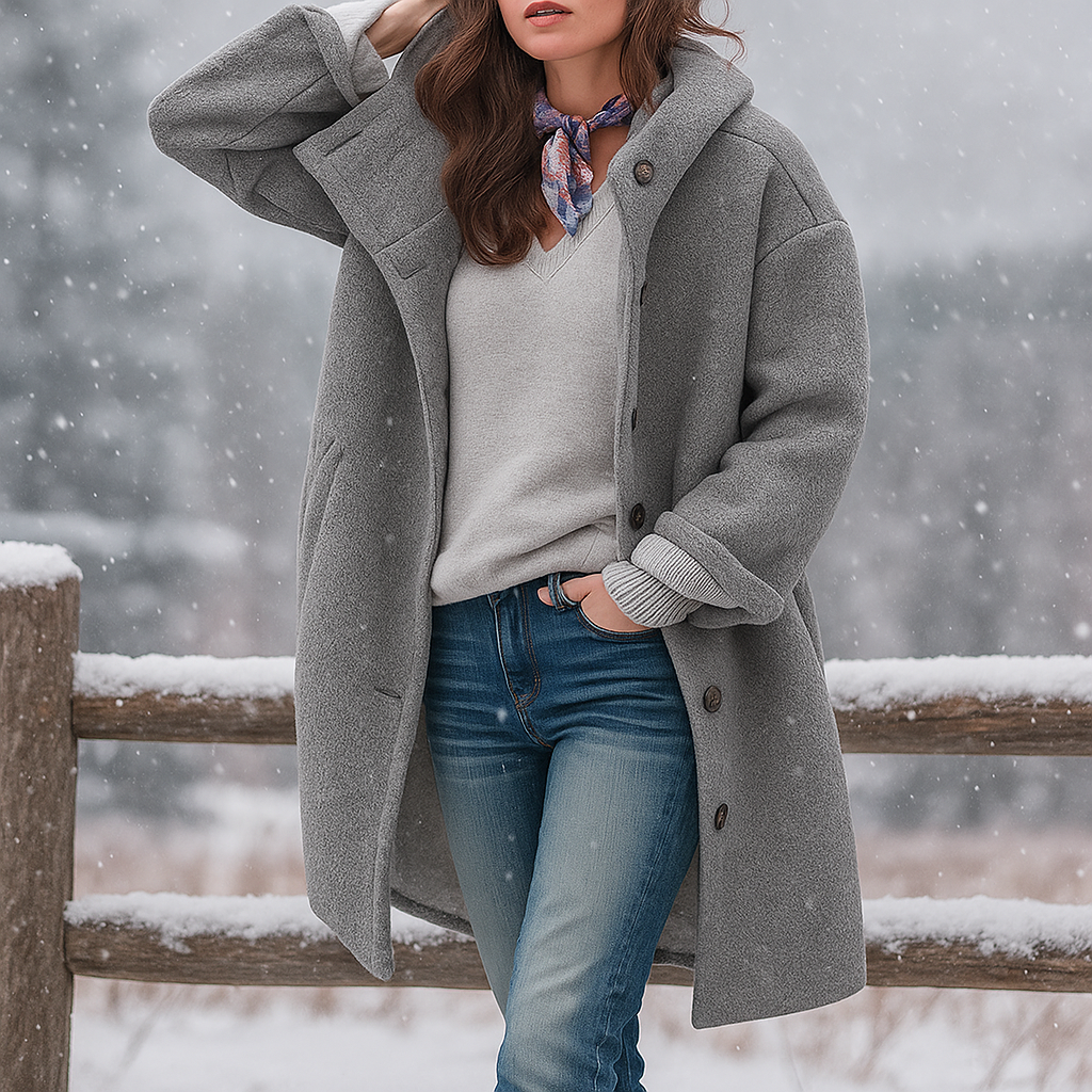 Women's hooded long coat with button front and pockets