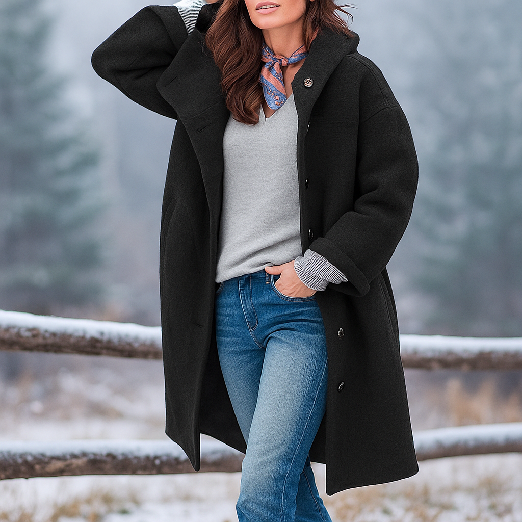 Women's hooded long coat with button front and pockets