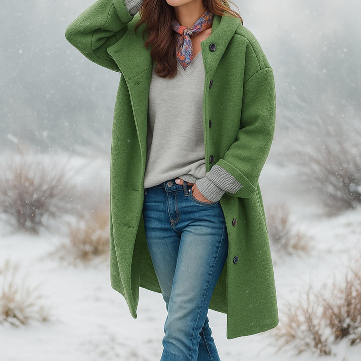 Women's hooded long coat with button front and pockets