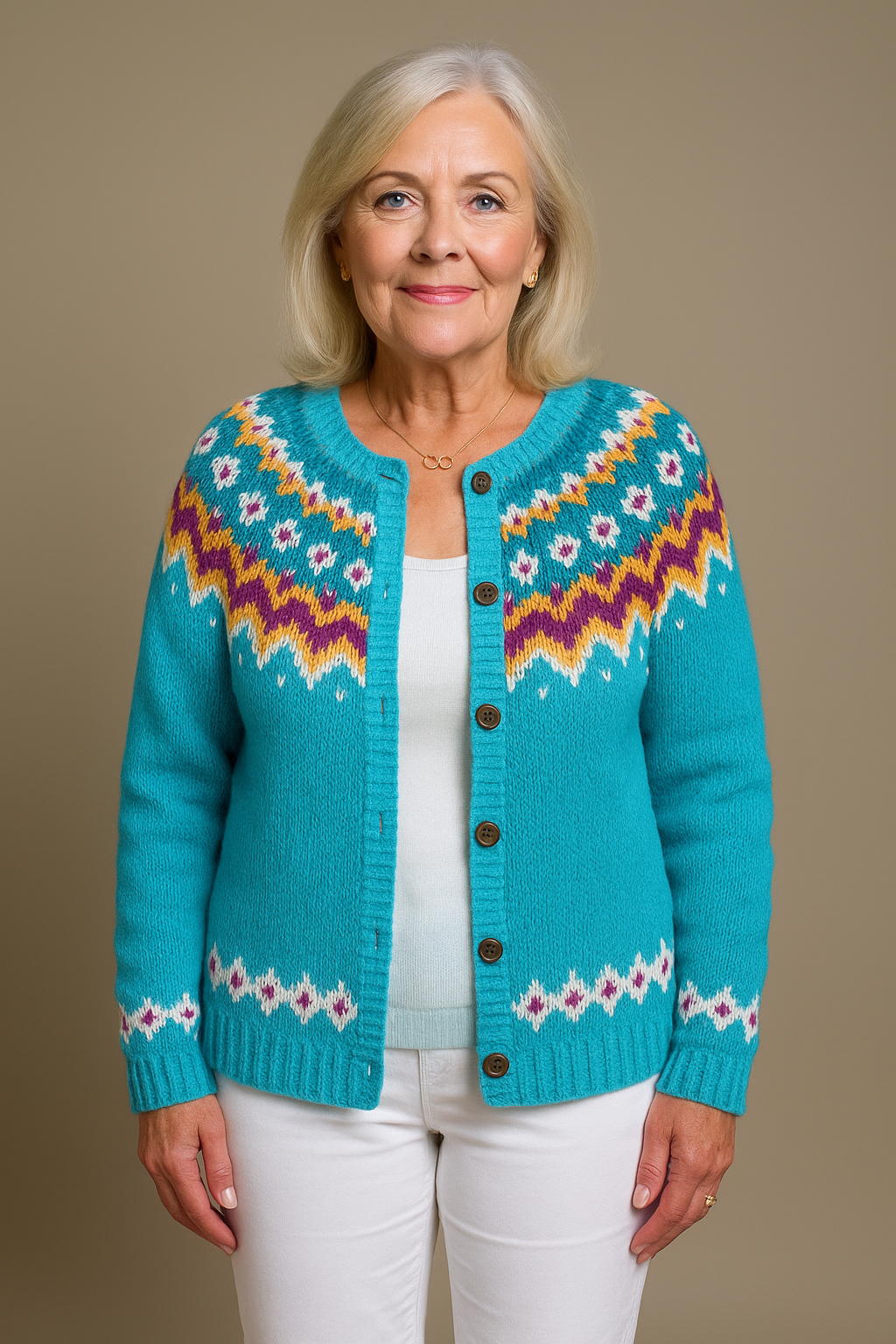 Women's patterned button front cardigan with long sleeves and decorative yoke