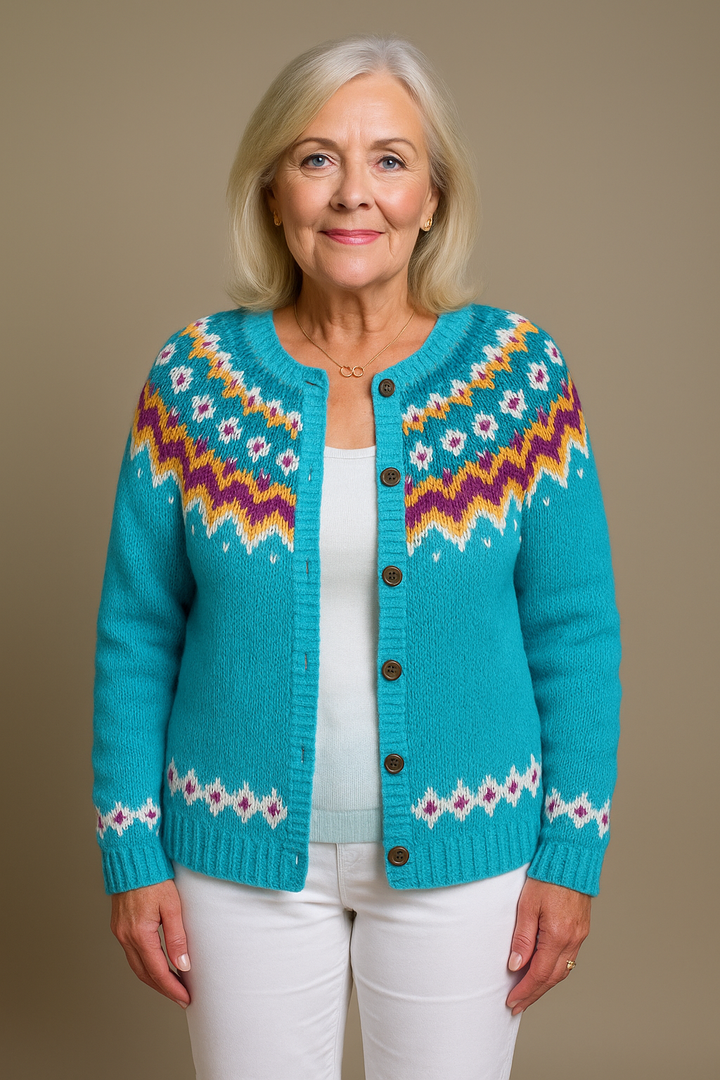 Women's patterned button front cardigan with long sleeves and decorative yoke