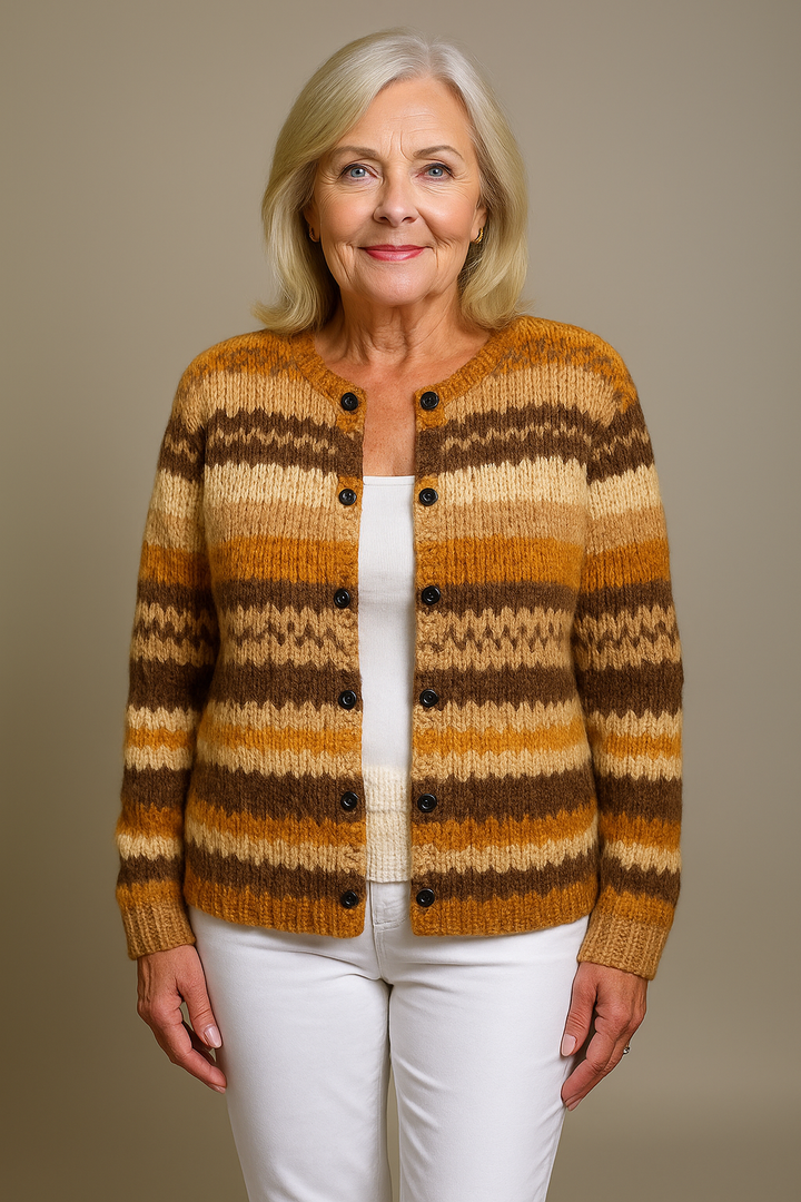 Women's striped button cardigan with long sleeves and round neckline