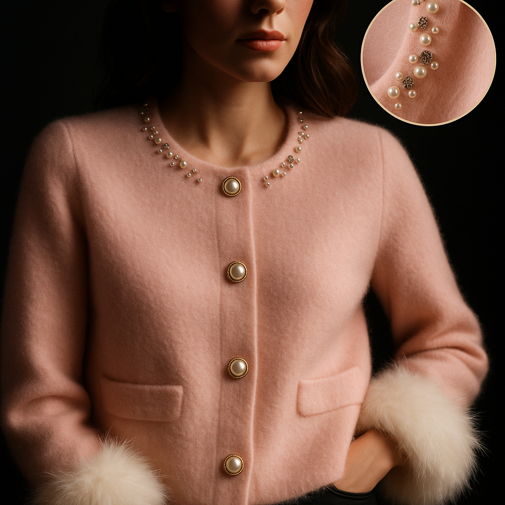 Women's round-neck cardigan with pearl embellishment, button front, patch pockets and fluffy cuffs