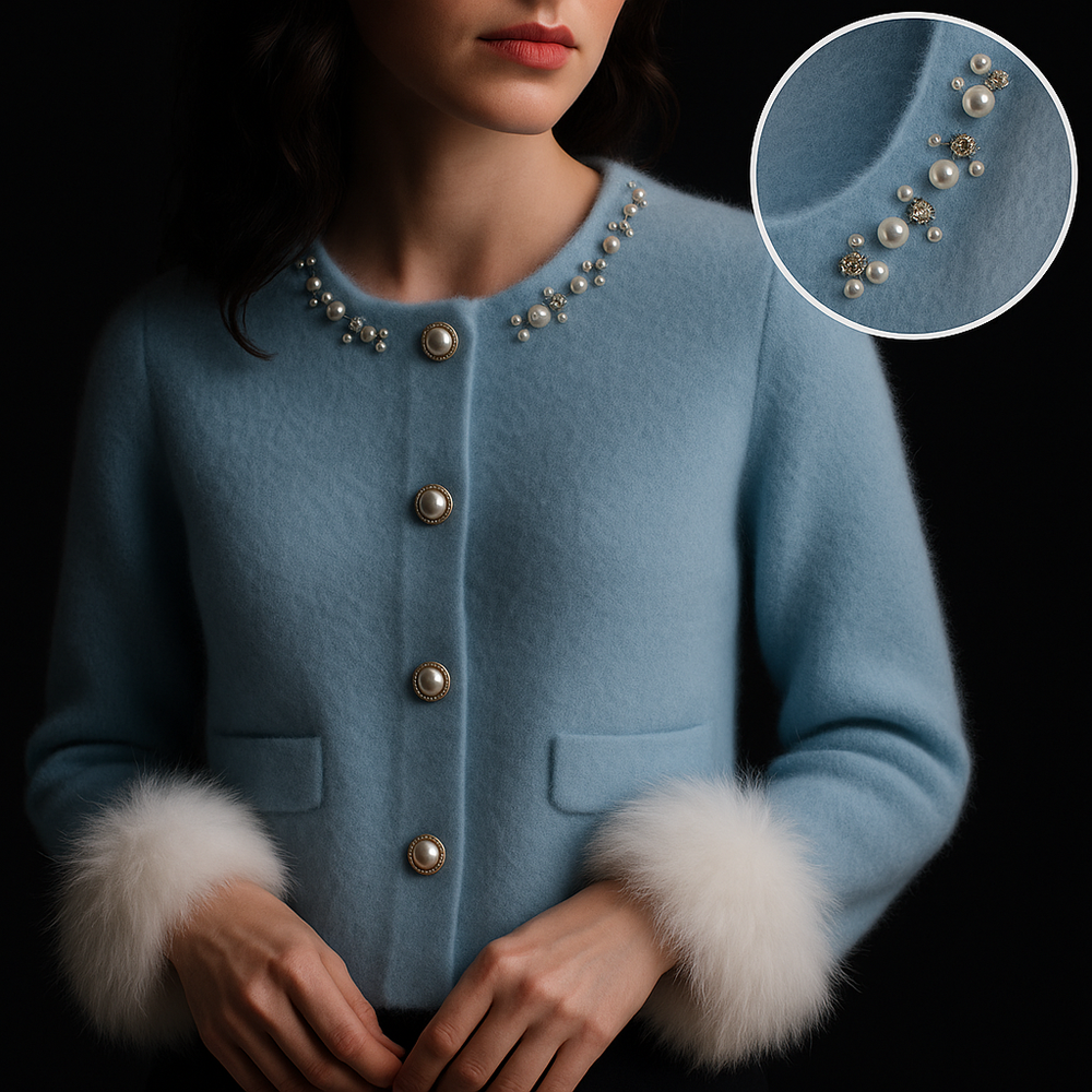 Women's round-neck cardigan with pearl embellishment, button front, patch pockets and fluffy cuffs
