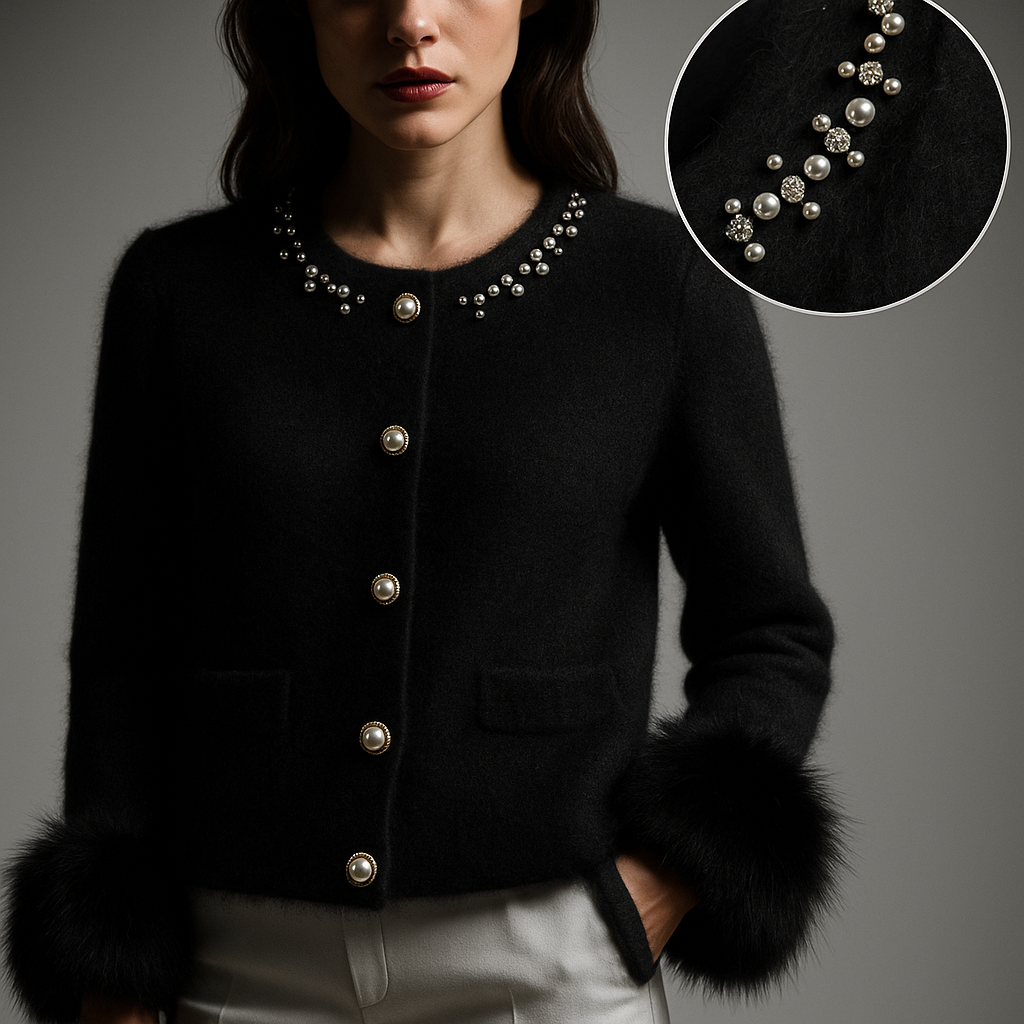 Women's round-neck cardigan with pearl embellishment, button front, patch pockets and fluffy cuffs