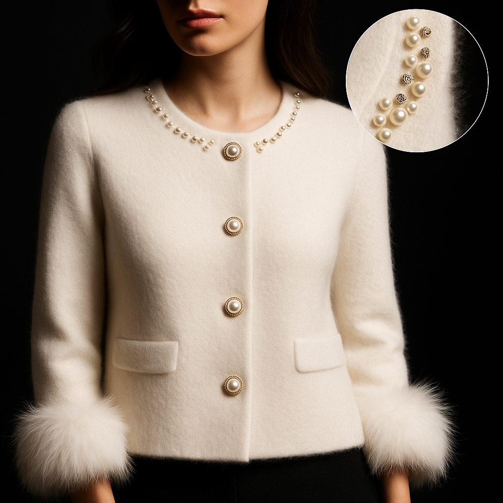 Women's round-neck cardigan with pearl embellishment, button front, patch pockets and fluffy cuffs