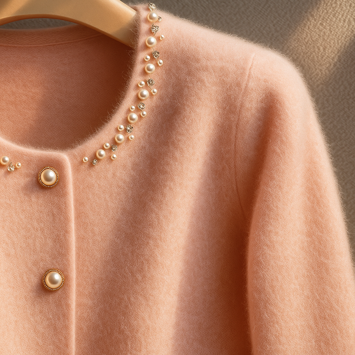 Women's round-neck cardigan with pearl embellishment, button front, patch pockets and fluffy cuffs