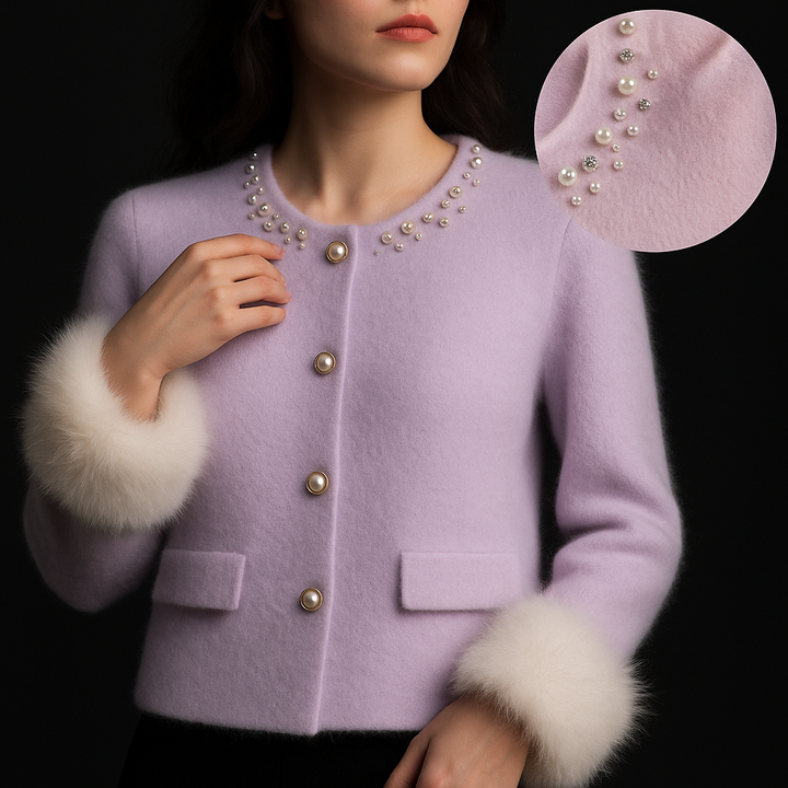 Women's round-neck cardigan with pearl embellishment, button front, patch pockets and fluffy cuffs