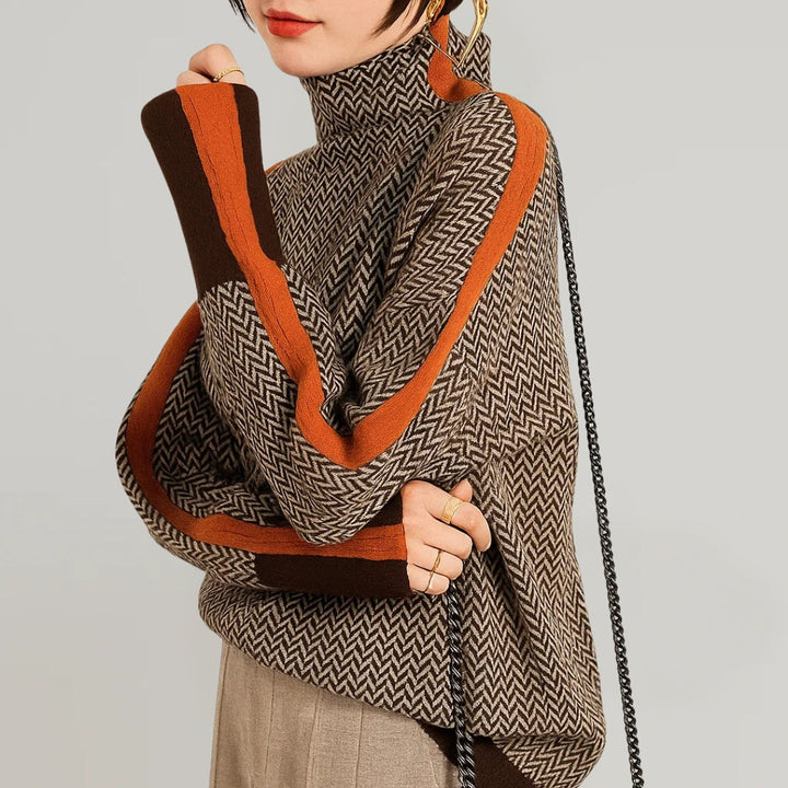 Women's herringbone turtleneck sweater with long sleeves and contrast trims