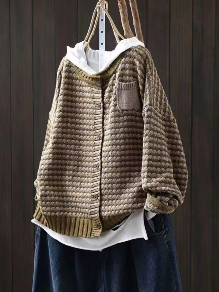 Textured knit cardigan with buttons, ribbed trims and patch pocket