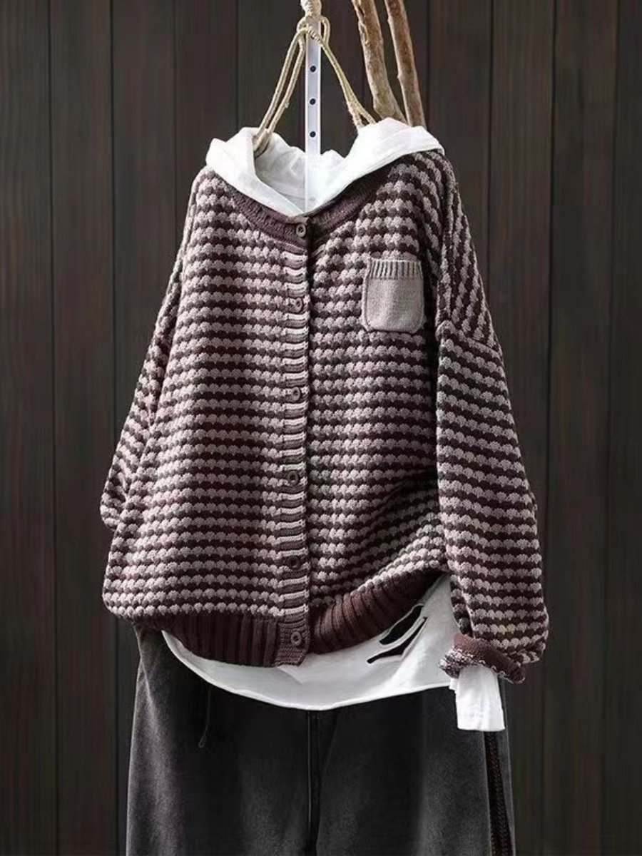 Textured knit cardigan with buttons, ribbed trims and patch pocket