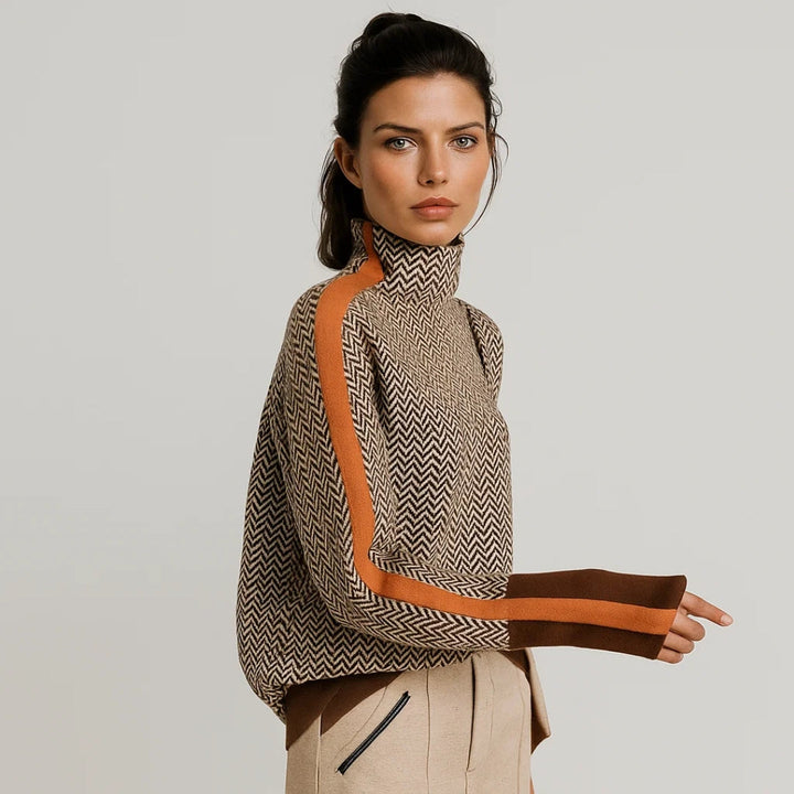 Women's herringbone turtleneck pullover with contrast trim and long sleeves