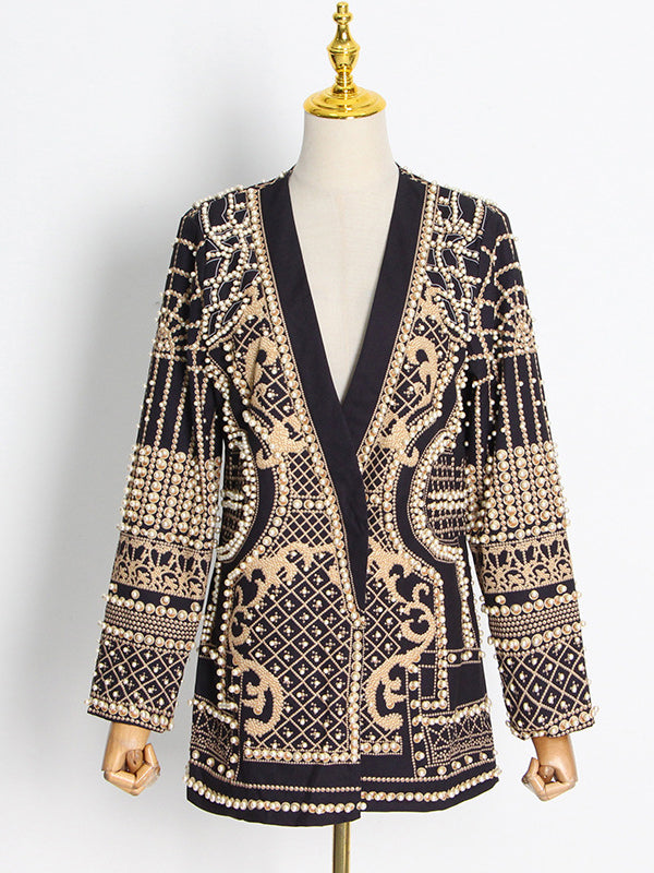Women's embellished geometric blazer with V-neck lapels and long sleeves