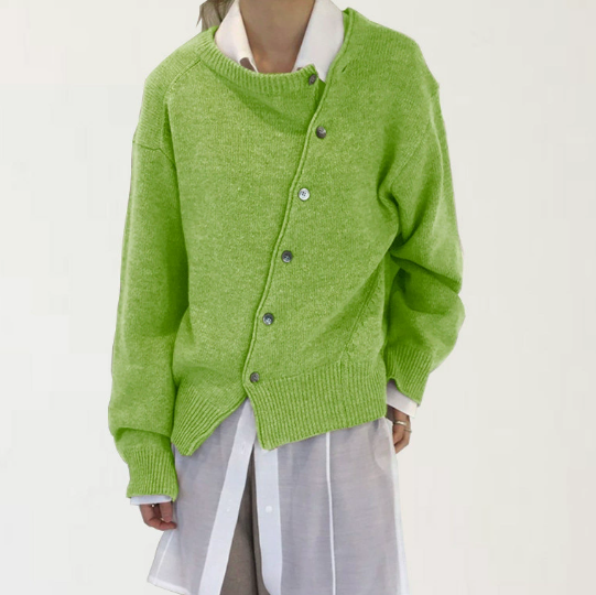 Women's knit cardigan with angled button front, crew neckline and long sleeves