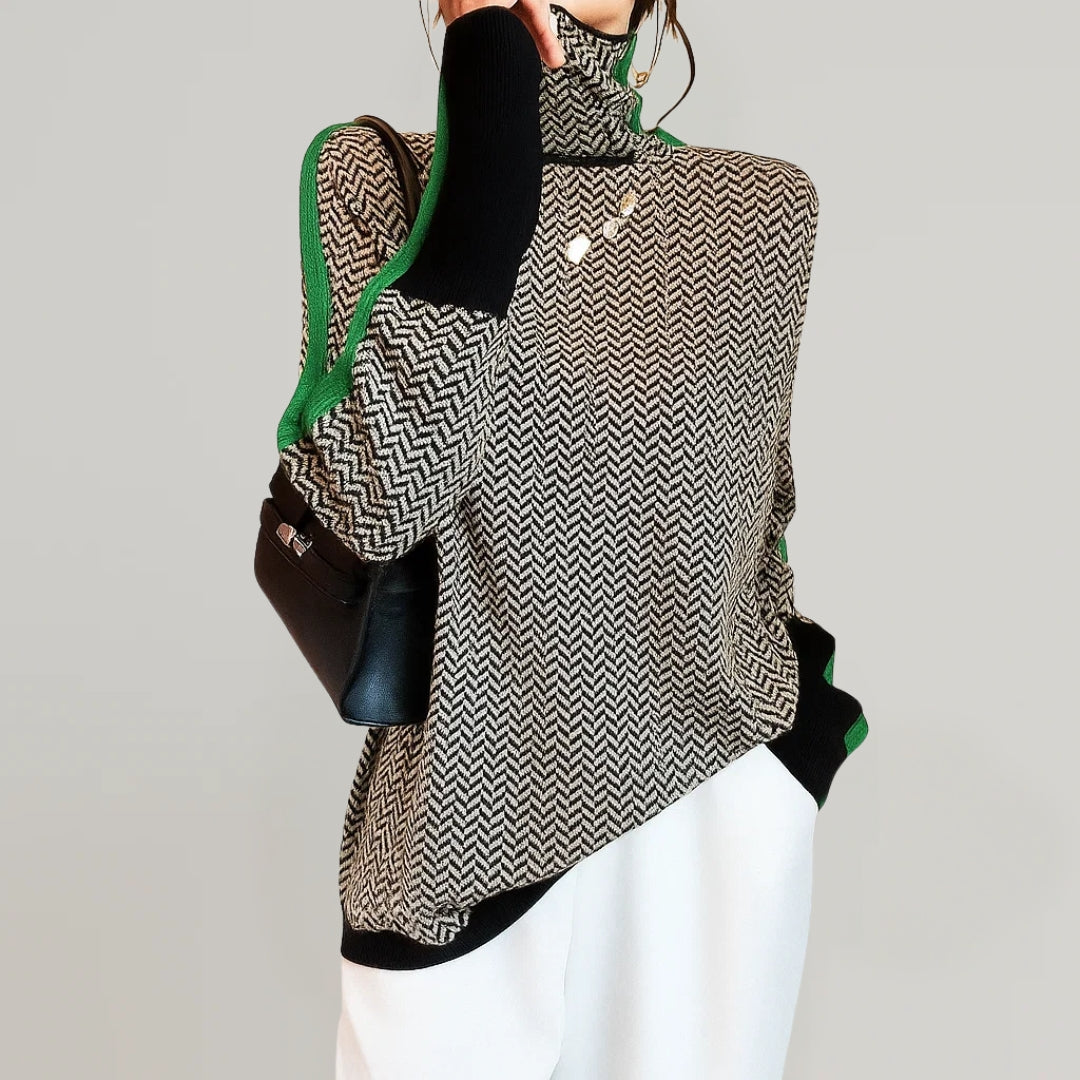 Women's herringbone turtleneck sweater with long sleeves and contrast trims