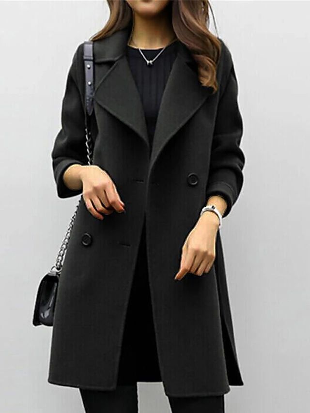 Women's long button front coat with wide lapels and long sleeves