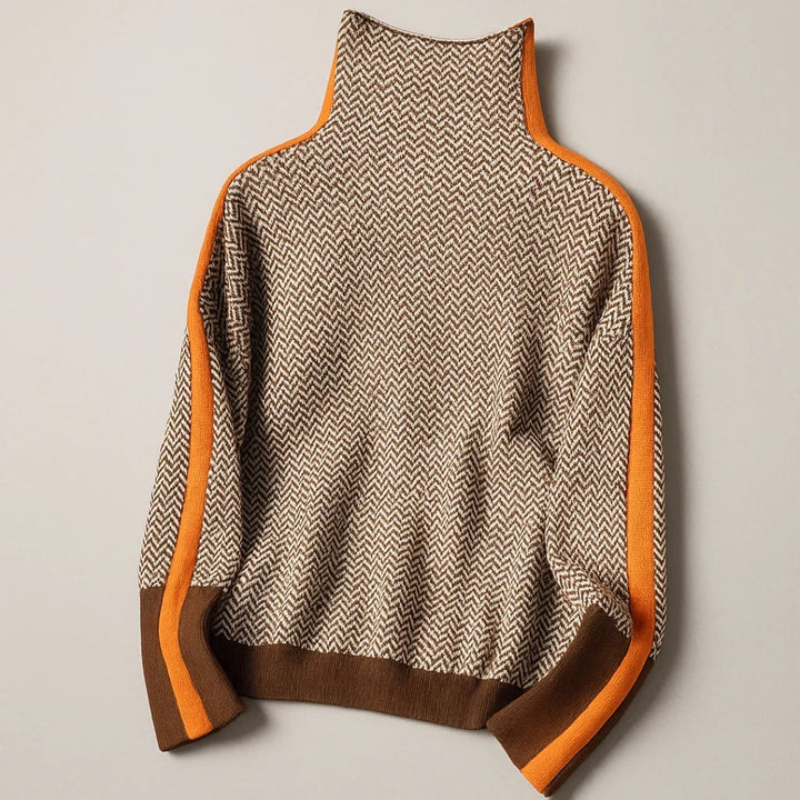 Women's herringbone turtleneck sweater with long sleeves and contrast trims