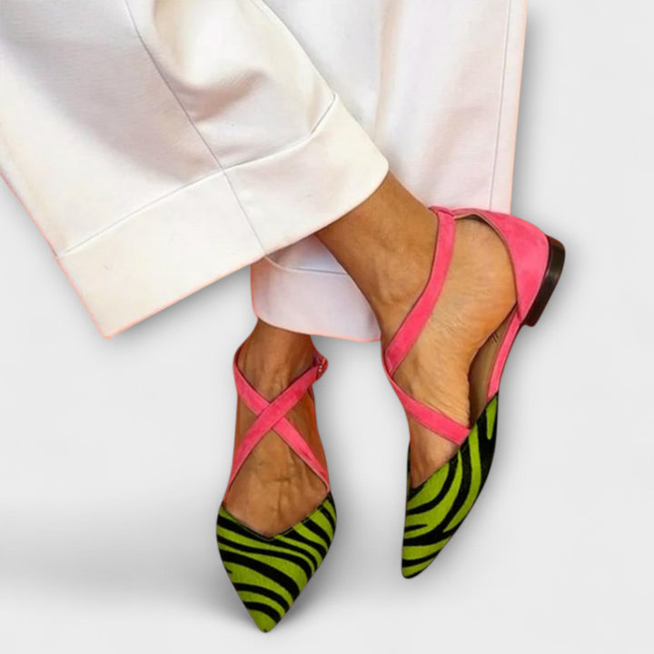 Women's pointed heels with cross straps, slingback straps and zebra pattern